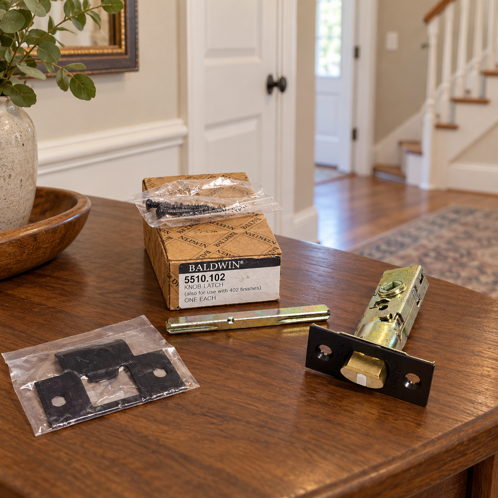 AI lifestyle illustration: Baldwin5510.102 passage latch kit on a walnut entry console