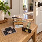 AI lifestyle illustration: Baldwin5510.102 passage latch kit on an oak entry bench