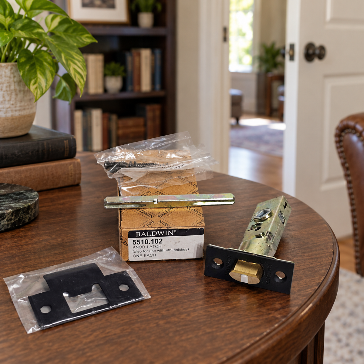 AI lifestyle illustration: Baldwin5510.102 passage latch kit on a home-office side table