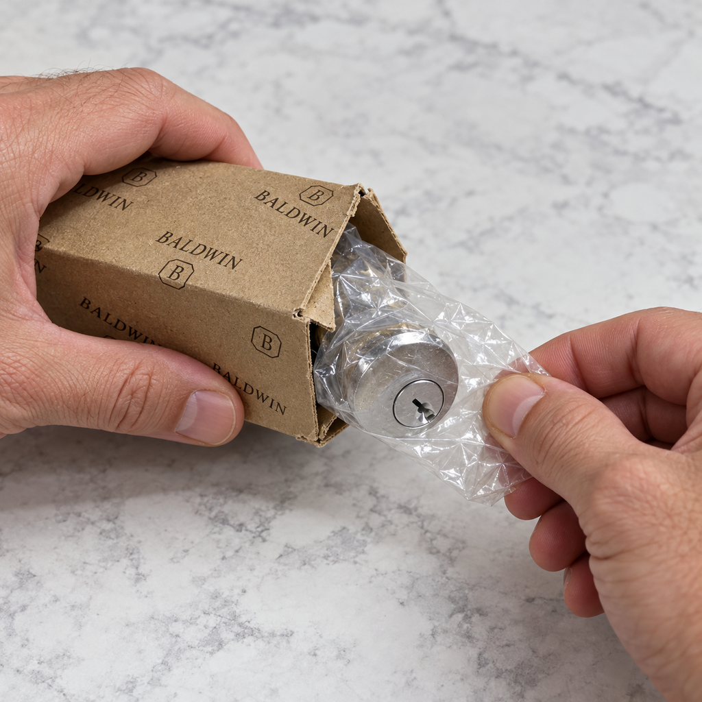 AI illustration: Adult hands drawing the bagged Baldwin satin nickel cylinder from its worn carton