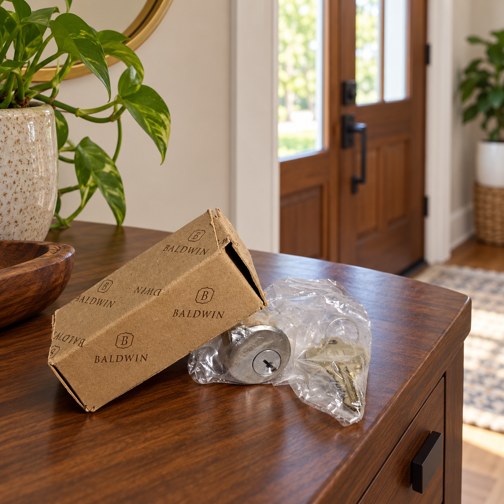 AI lifestyle illustration: Bagged Baldwin8321.150 cylinder and keys with worn carton on an entry console