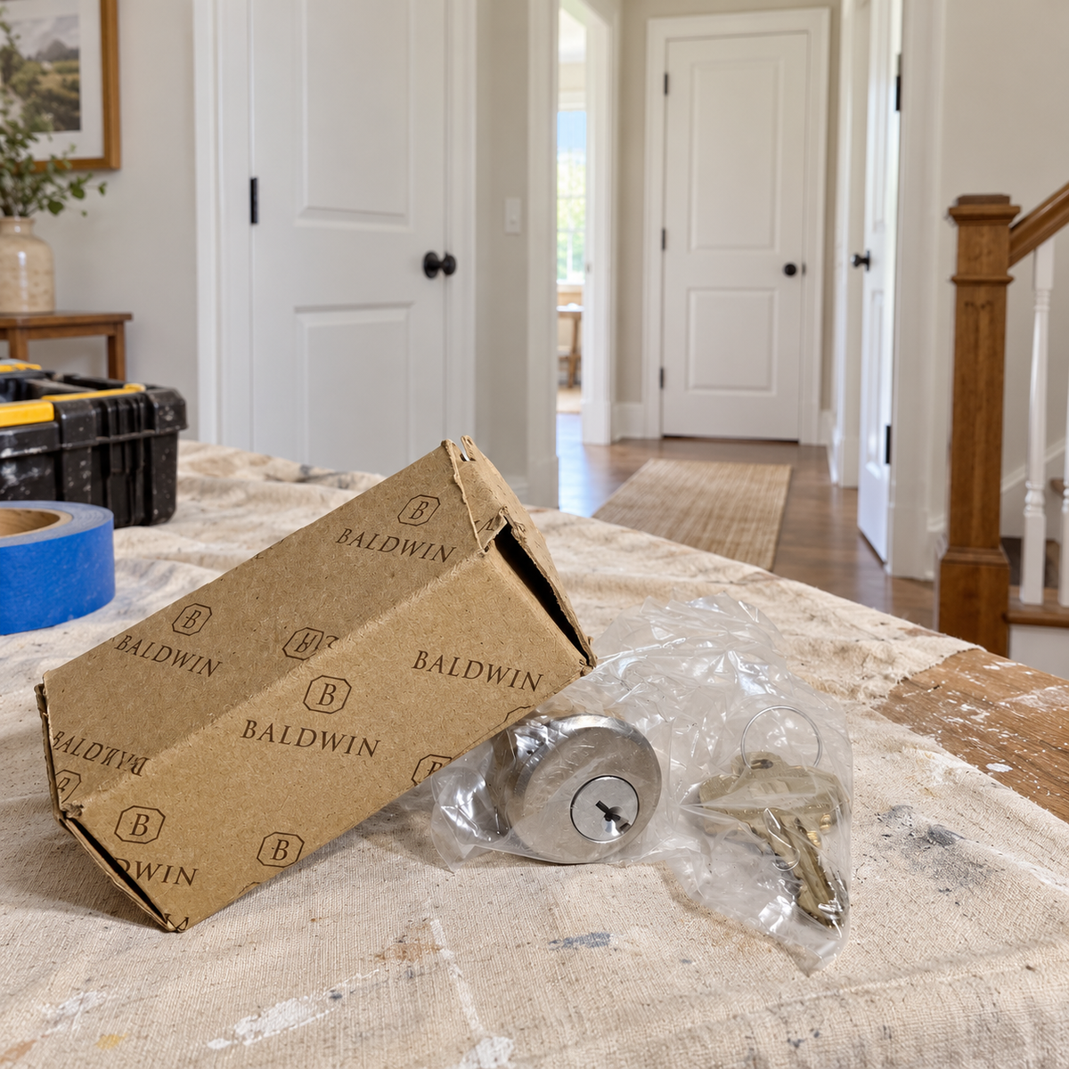 AI lifestyle illustration: Bagged Baldwin8321.150 cylinder and keys with worn carton on a hallway renovation table