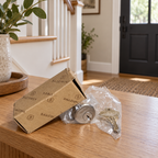 AI lifestyle illustration: Bagged Baldwin8321.150 cylinder and keys with worn carton on an oak entry bench