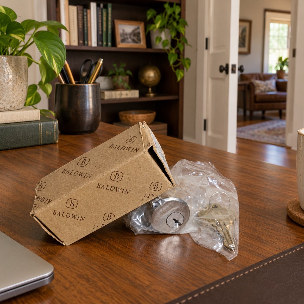 AI lifestyle illustration: Bagged Baldwin8321.150 cylinder and keys with worn carton in a home office