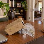 AI lifestyle illustration: Bagged Baldwin8321.150 cylinder and keys with worn carton in a home office