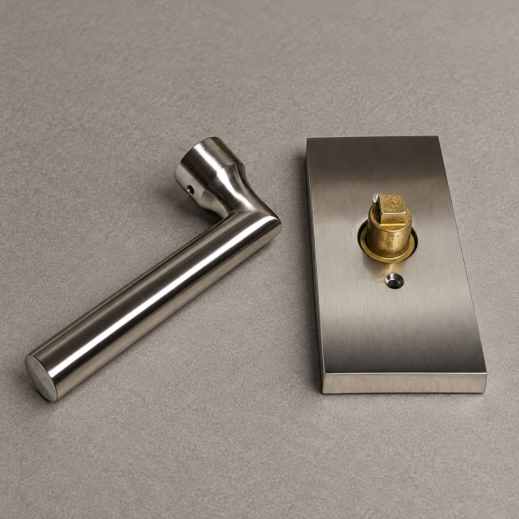 AI-generated detail illustration: flared-neck cylindrical Baldwin Reserve lever and separate rectangular rose with brass mounting post; not the actual stock photograph.