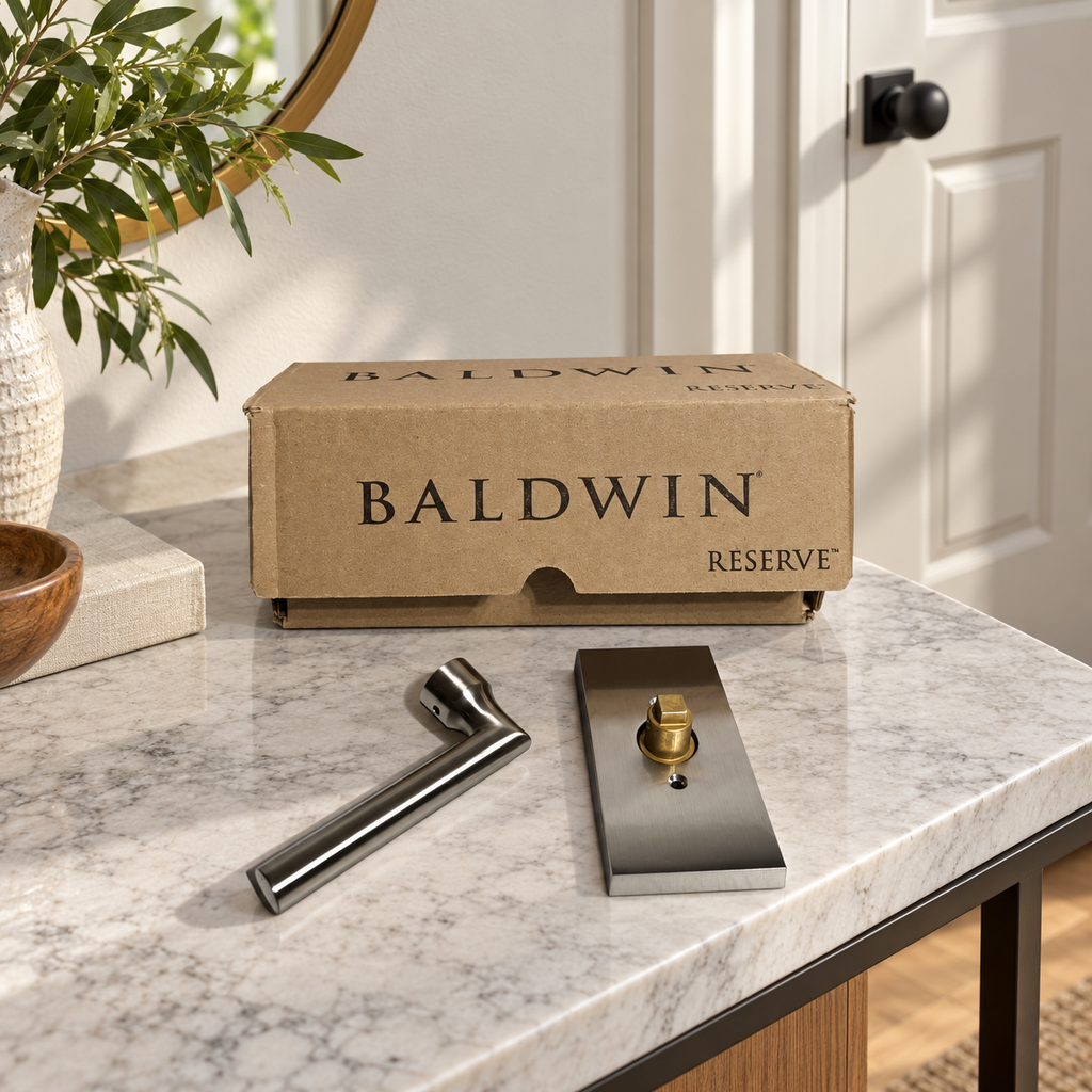 AI-generated lifestyle illustration: one uninstalled silver-tone Tube lever, separate rectangular rose and Baldwin Reserve box on an entry console; room props not included.