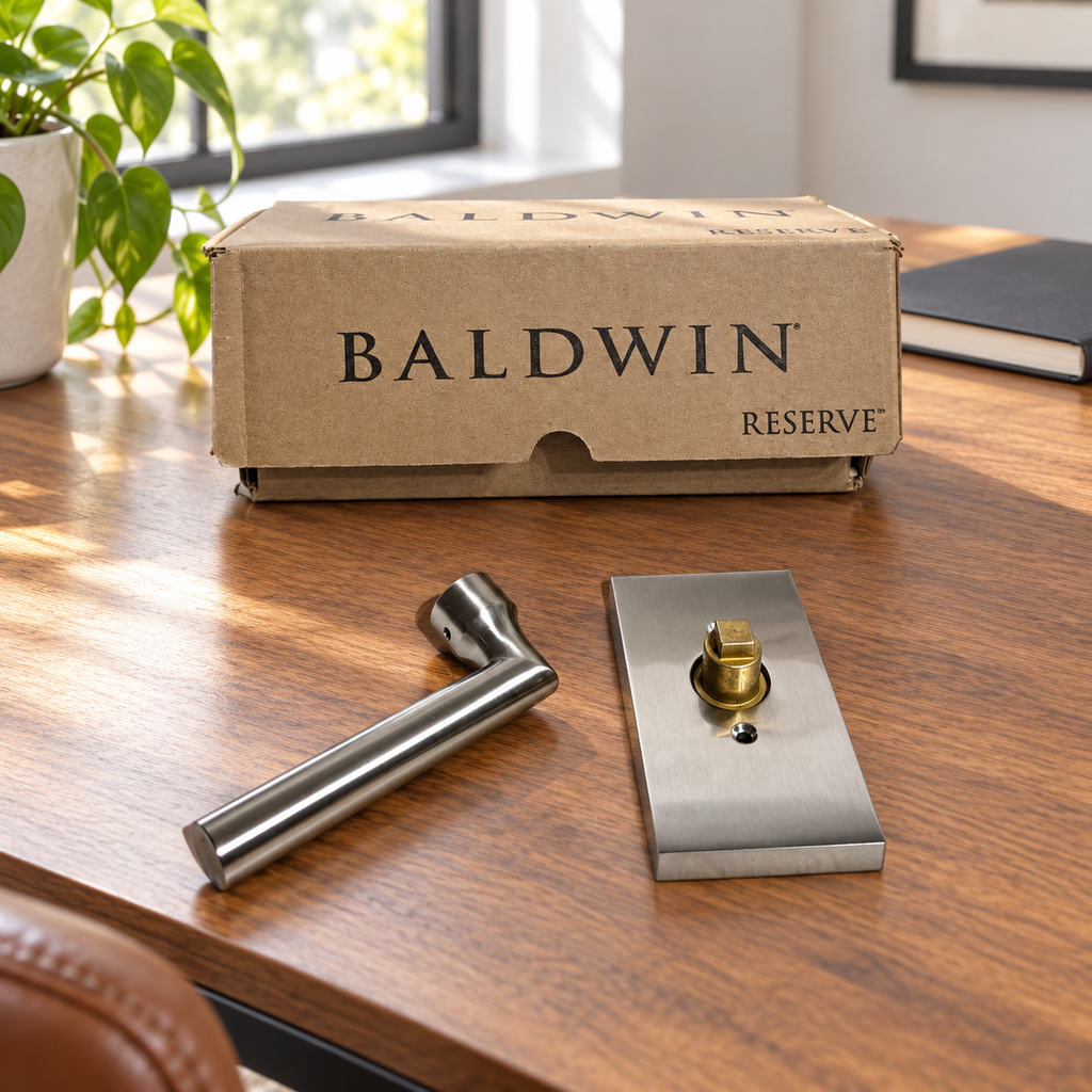 AI-generated lifestyle illustration: one uninstalled silver-tone Tube lever, separate rectangular rose and Baldwin Reserve box on a home-office table; notebook and props not included.