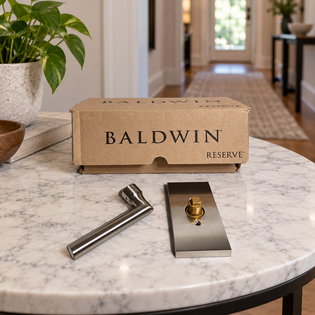 AI-generated lifestyle illustration: one uninstalled silver-tone Tube lever, separate rectangular rose and Baldwin Reserve box on a hallway table; decor not included.