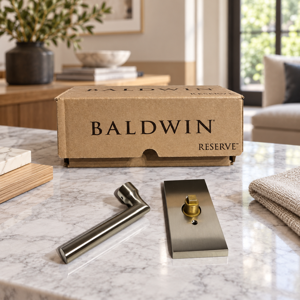 AI-generated lifestyle illustration: one uninstalled silver-tone Tube lever, separate rectangular rose and Baldwin Reserve box on an interior planning surface; fabric and props not included.