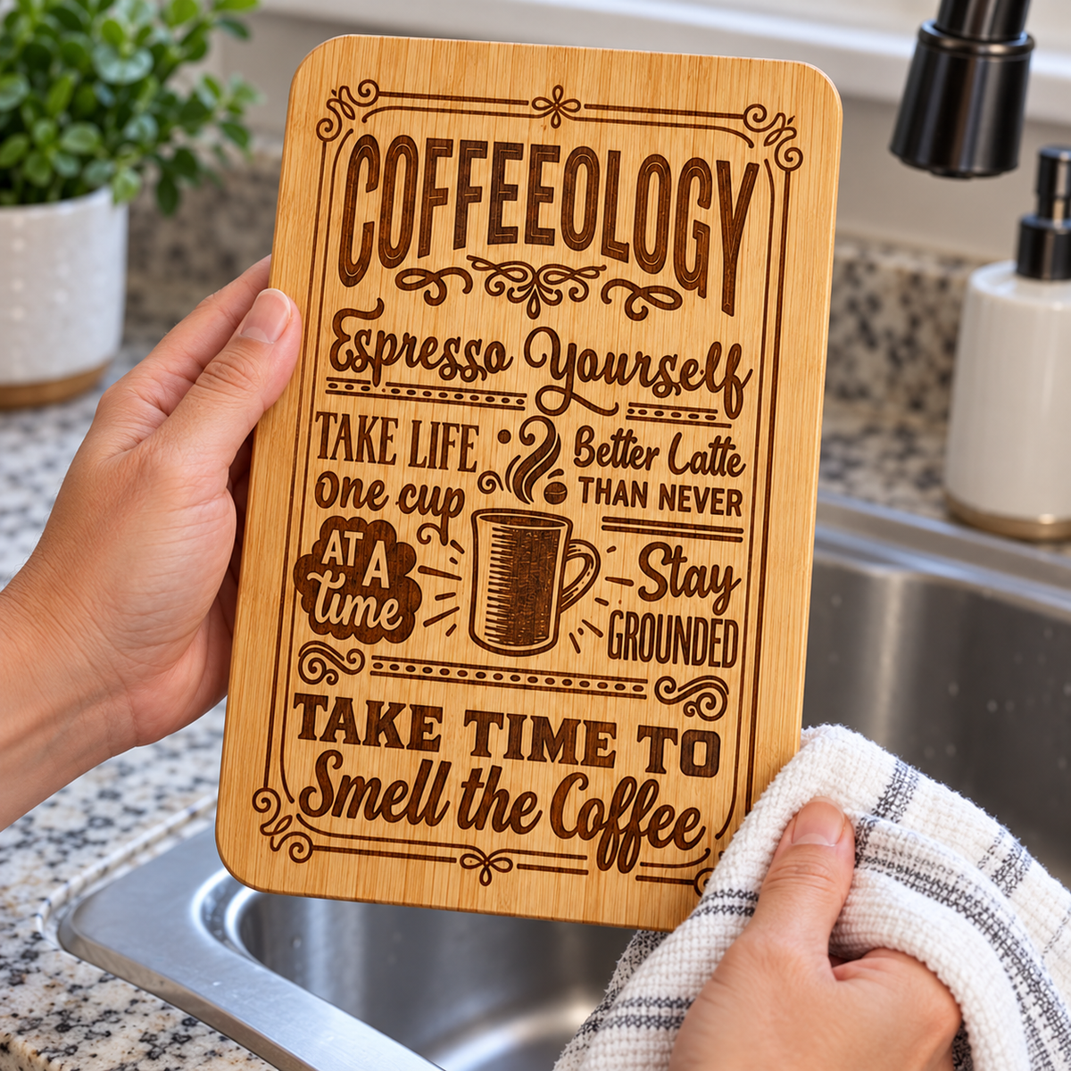 Coffeeology bamboo board being dried with a cloth beside a kitchen sink