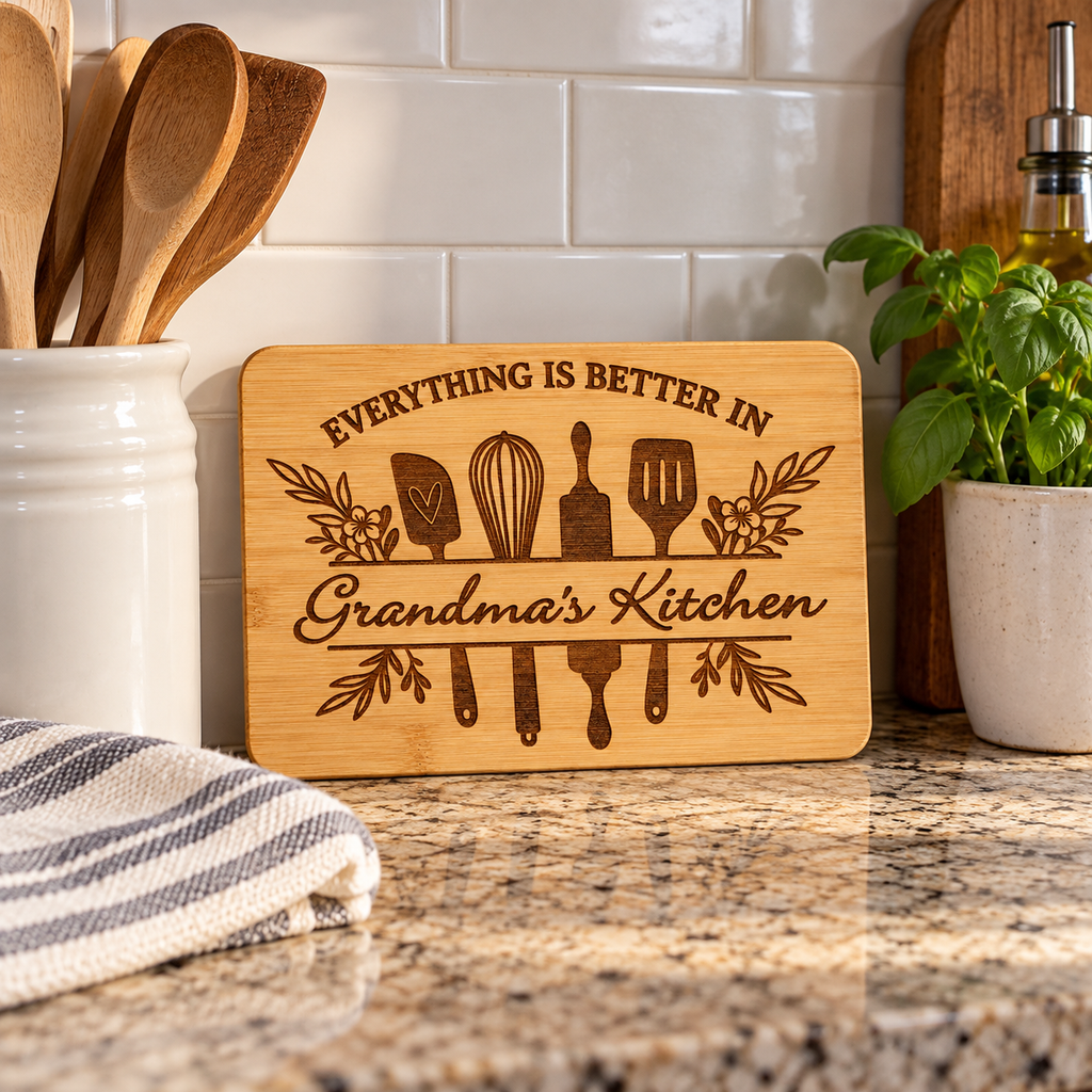 Grandma’s Kitchen engraved bamboo board displayed against a kitchen backsplash