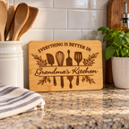 Grandma’s Kitchen engraved bamboo board displayed against a kitchen backsplash
