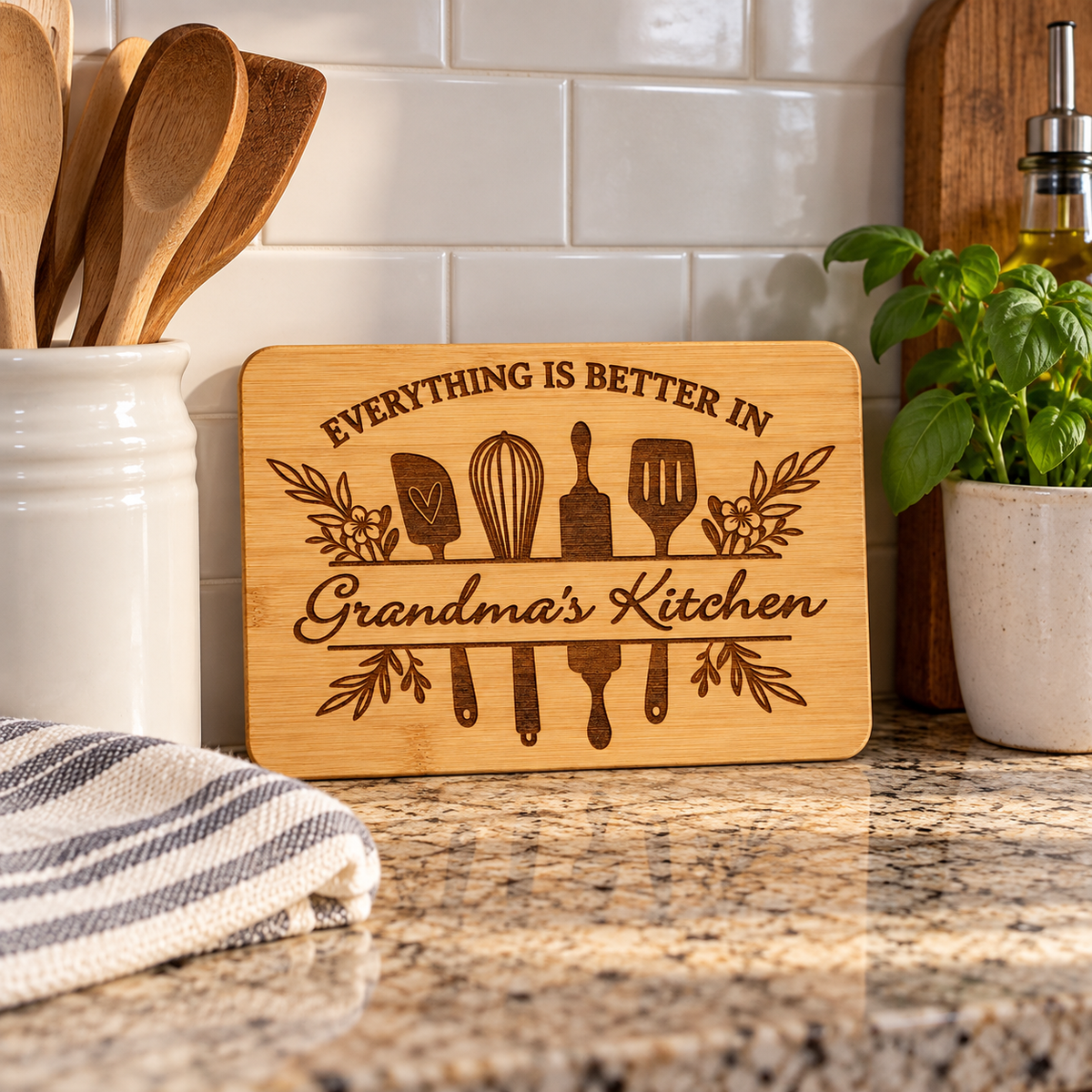 Grandma’s Kitchen engraved bamboo board displayed against a kitchen backsplash