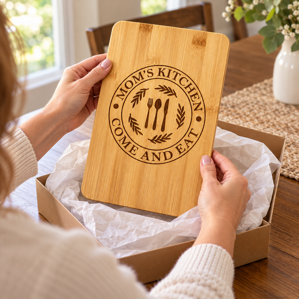Mom’s Kitchen engraved bamboo board being lifted from a gift box
