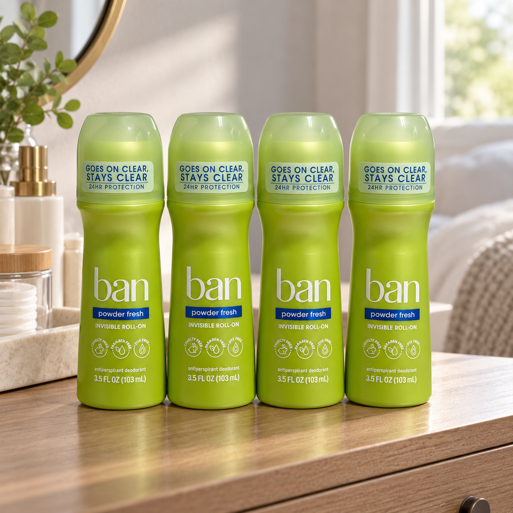 AI-generated lifestyle illustration: four capped Ban Powder Fresh Invisible Roll-On3.5fl.oz bottles on a bedroom dresser; tray and room props not included.