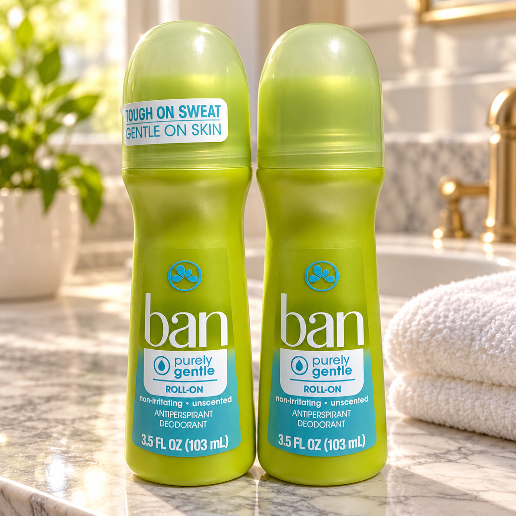 AI-generated lifestyle scene of two capped Ban Purely Gentle 3.5 fl oz roll-on bottles on a bathroom vanity; props not included