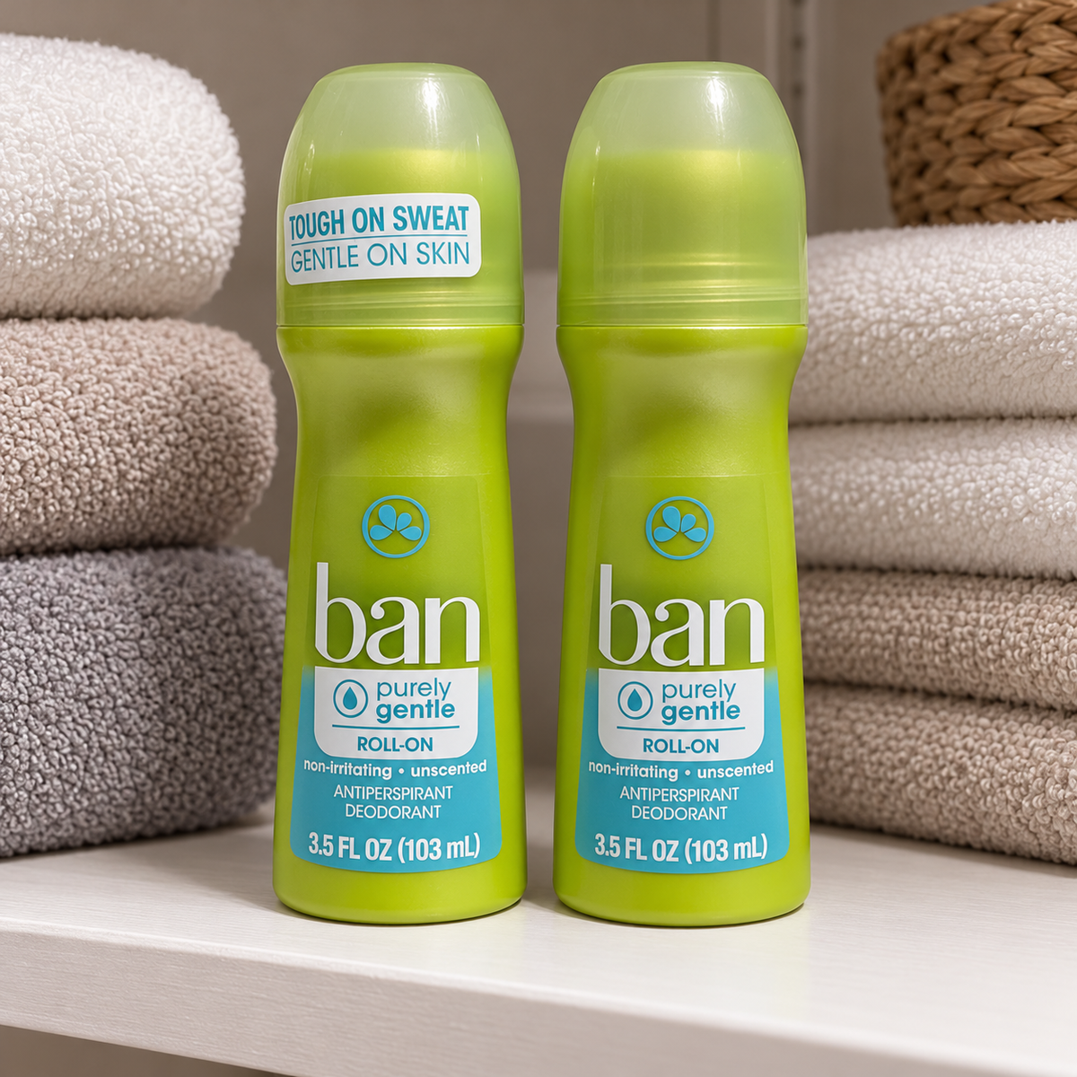 AI-generated lifestyle scene of two capped Ban Purely Gentle roll-on bottles on a linen shelf; towels not included