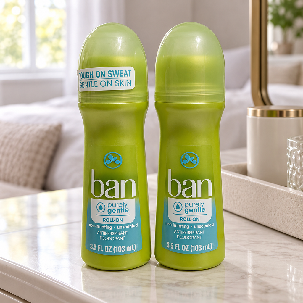 AI-generated lifestyle scene of two capped Ban Purely Gentle roll-on bottles on a bedroom dresser; props not included