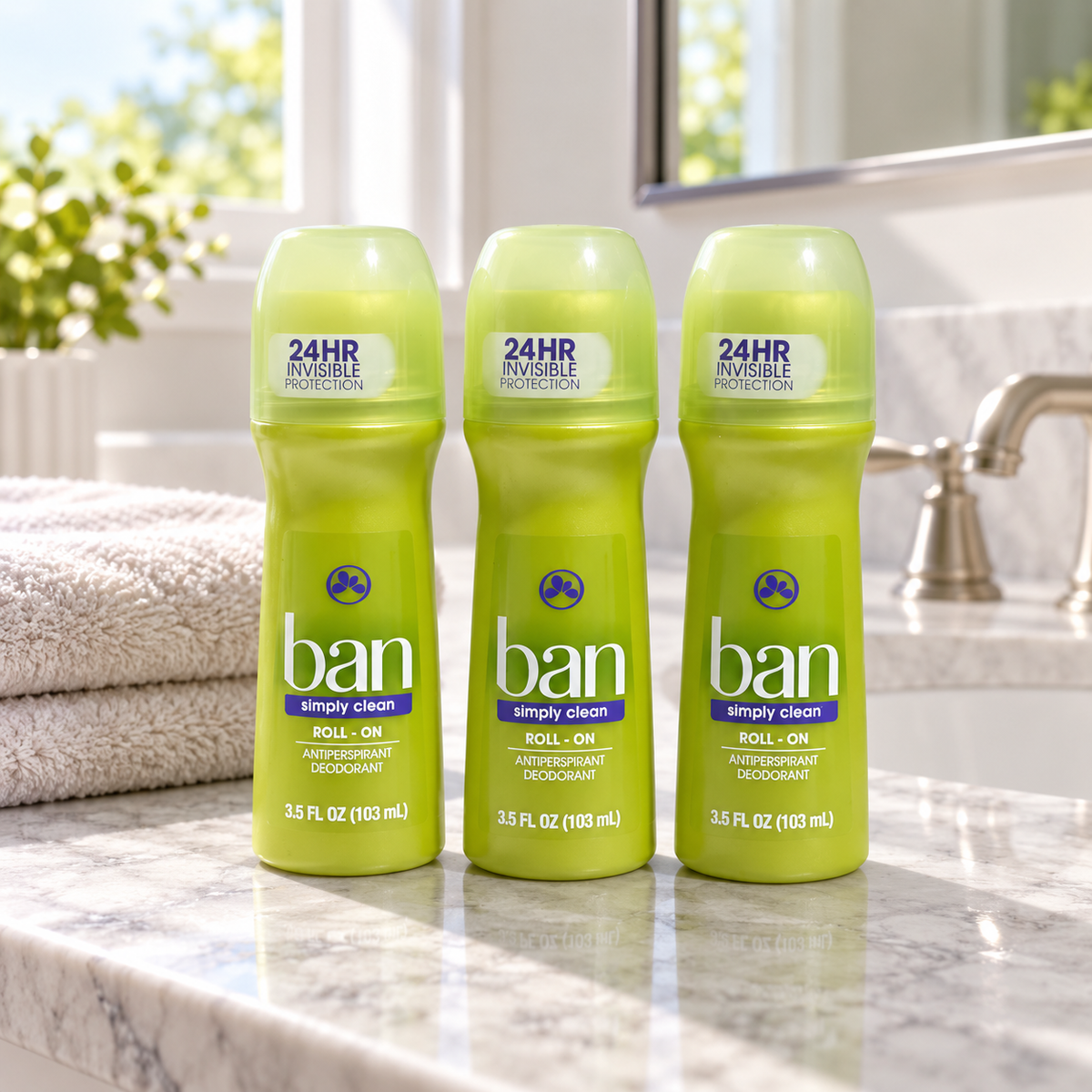 AI-generated lifestyle scene of three capped Ban Simply Clean 3.5 fl oz roll-on bottles on a bathroom vanity; props not included