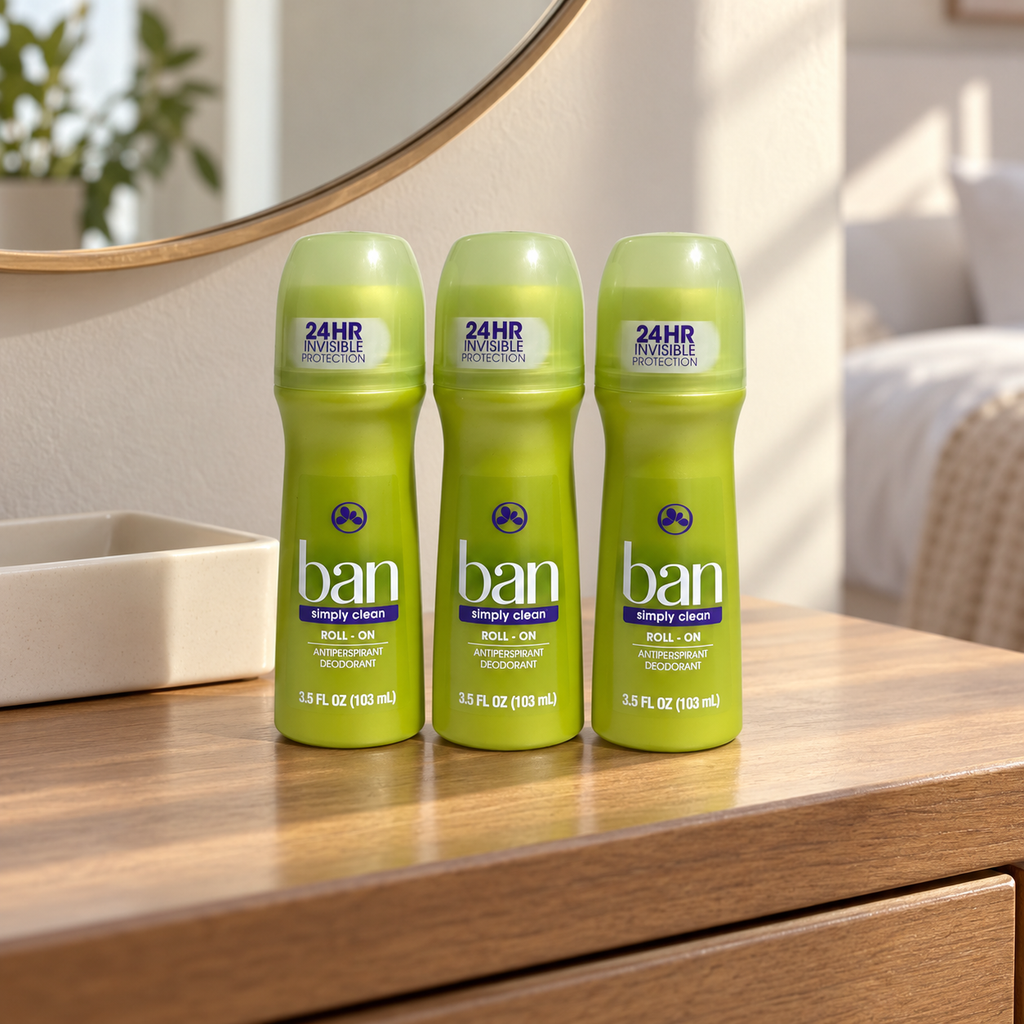 AI-generated lifestyle scene of three capped Ban Simply Clean 3.5 fl oz roll-on bottles on a bedroom dresser; props not included