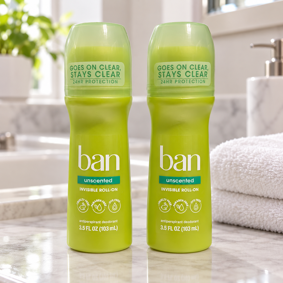 AI-generated lifestyle scene of two capped Ban Unscented Invisible Roll-On 3.5 fl oz bottles on a bathroom vanity; props not included