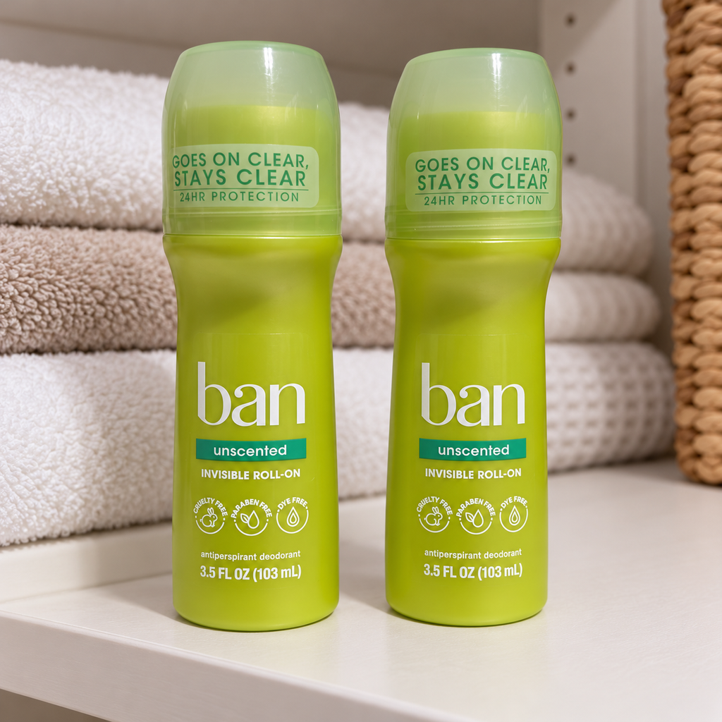 AI-generated lifestyle scene of two capped Ban Unscented Invisible Roll-On 3.5 fl oz bottles on a linen shelf; props not included