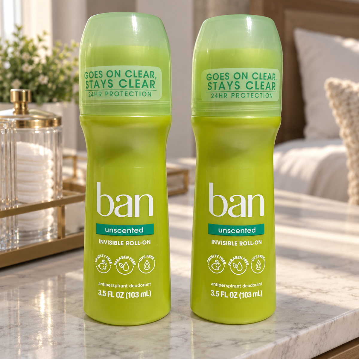 AI-generated lifestyle scene of two capped Ban Unscented Invisible Roll-On 3.5 fl oz bottles on a bedroom dresser; props not included
