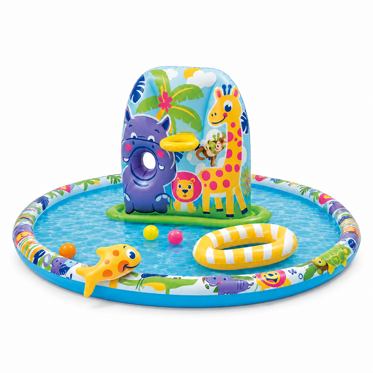 AI-generated studio view of Banzai Safari Cruise splash park with boat and three balls; original image appearance preserved