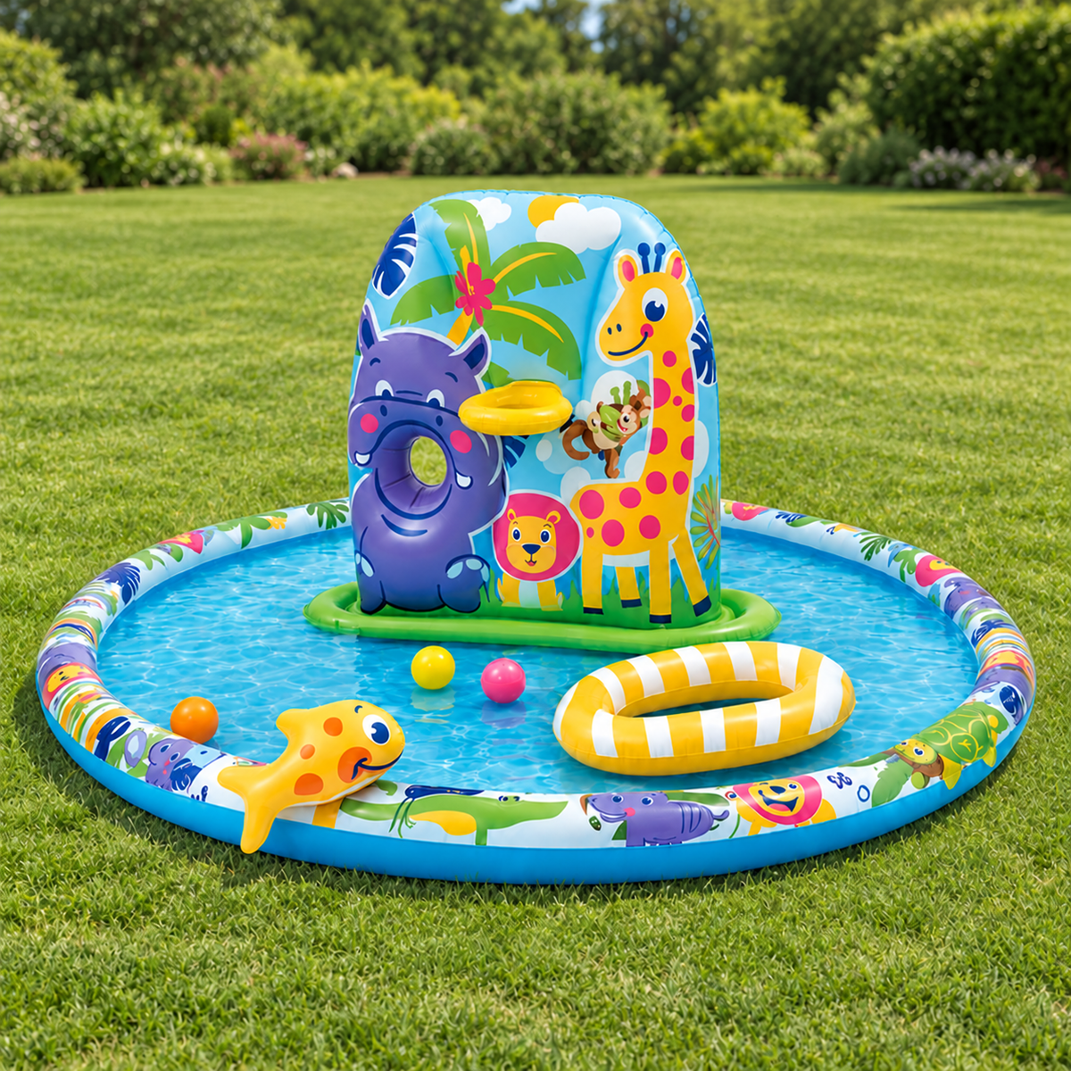 AI-generated lifestyle scene of Banzai Safari Cruise splash park on a flat clear lawn with boat and three balls