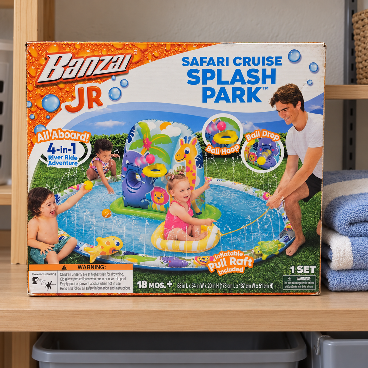 AI-generated lifestyle scene of closed Banzai Safari Cruise retail carton on a utility-room shelf; props not included