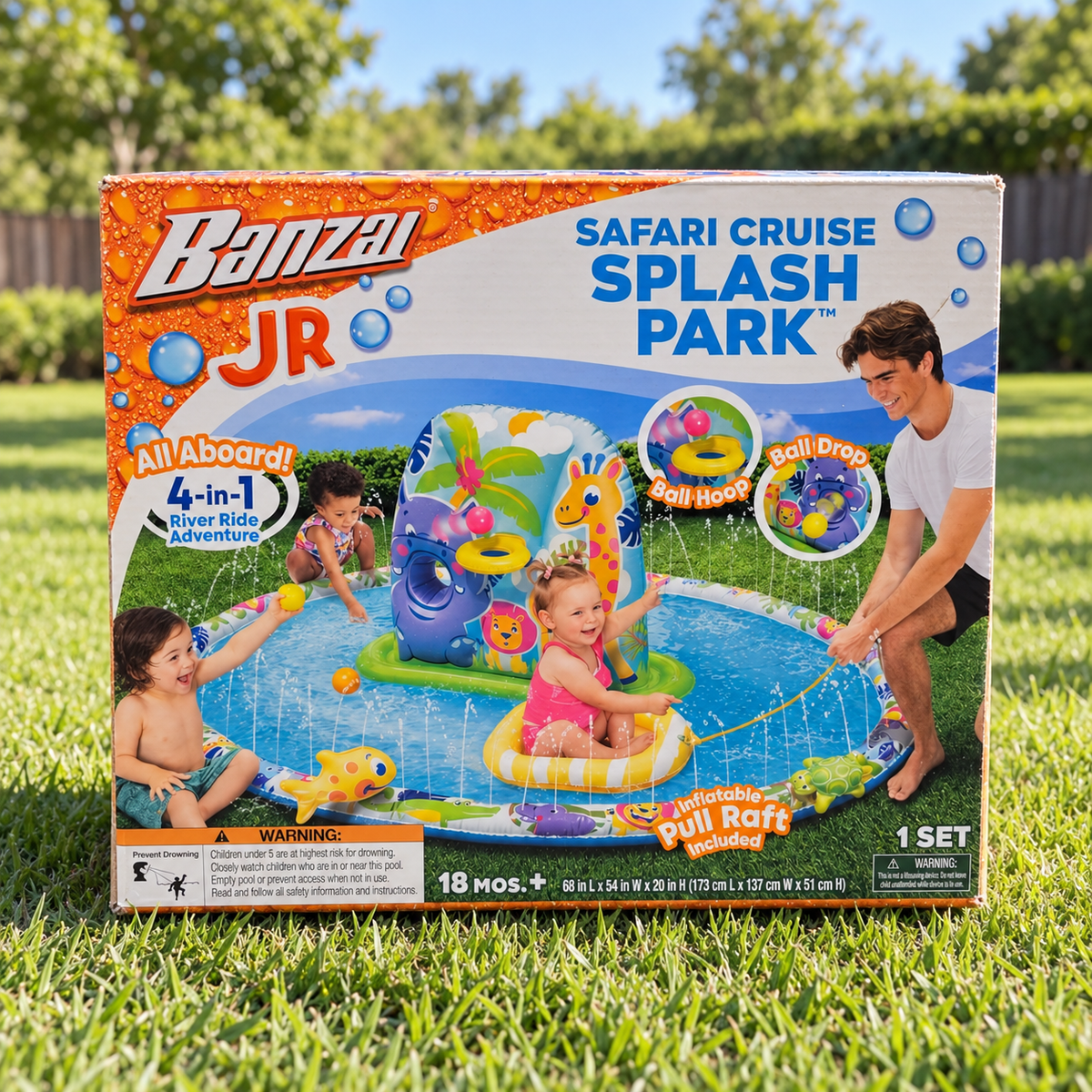 AI-generated lifestyle scene of closed Banzai Safari Cruise retail carton on a lawn; product not set up