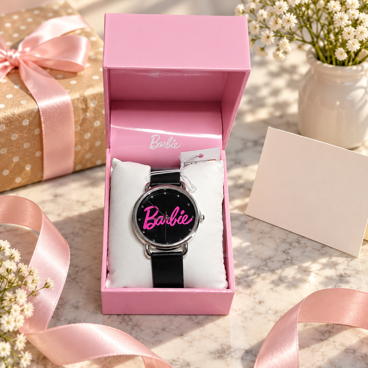 AI illustration of one black-dial pink-script Barbie watch with silver-tone case and black strap in its original presentation box on a gift preparation table; props not included