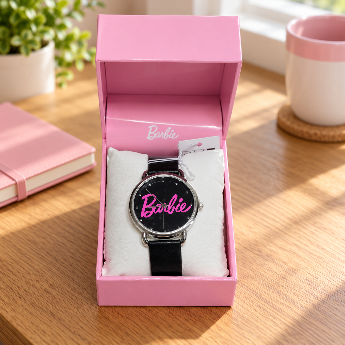 AI illustration of one black-dial pink-script Barbie watch with silver-tone case and black strap in its original presentation box on a reading desk; props not included
