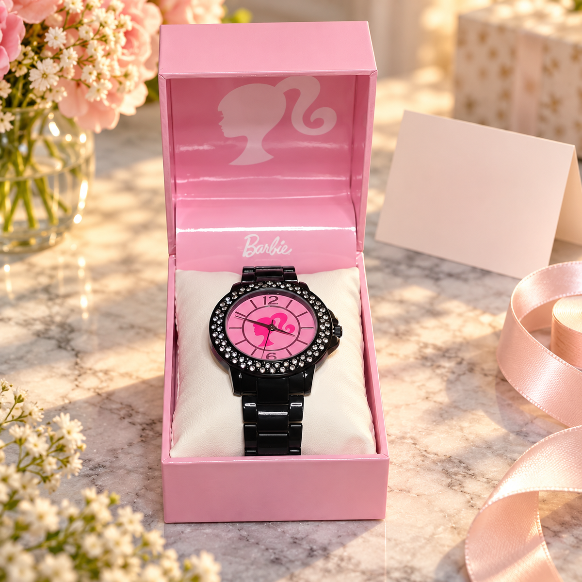 AI illustration of one pink-dial black-link Barbie watch in its presentation box at a gift preparation table; props not included