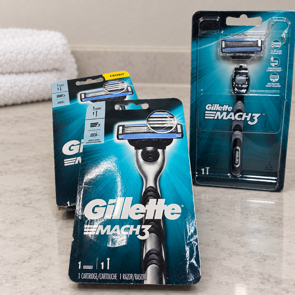 Three Gillette MACH3 Original retail razor packs on a bathroom counter beside folded towels