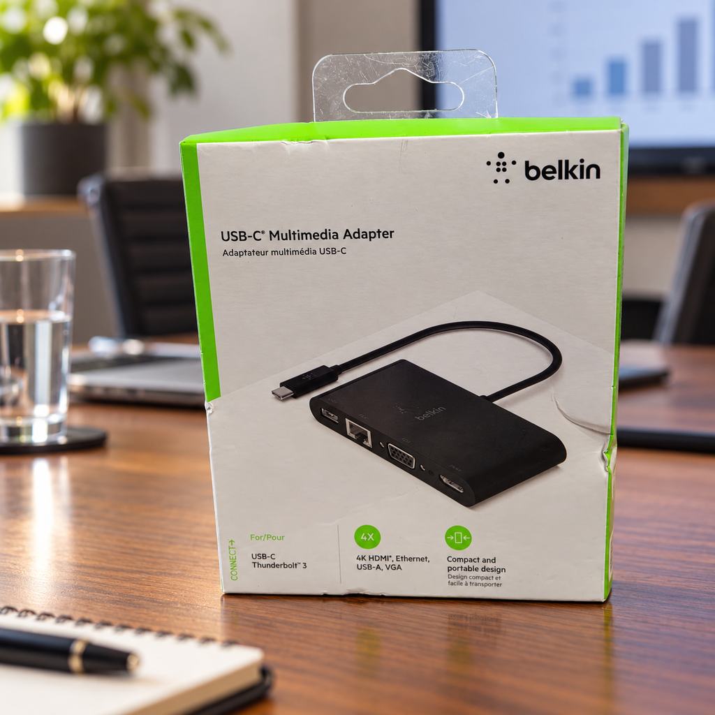 Belkin AVC005 USB-C multimedia adapter retail box in a conference room setting, AI-assisted lifestyle illustration.