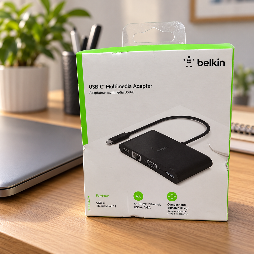 Belkin AVC005 USB-C multimedia adapter retail box in a home office desk setting, AI-assisted lifestyle illustration.