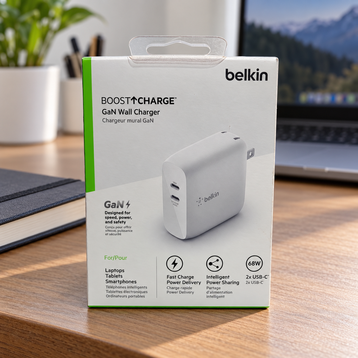 AI-generated boxed white Belkin WCH003 68W dual USB-C GaN charger in a home-office setting; scene props excluded