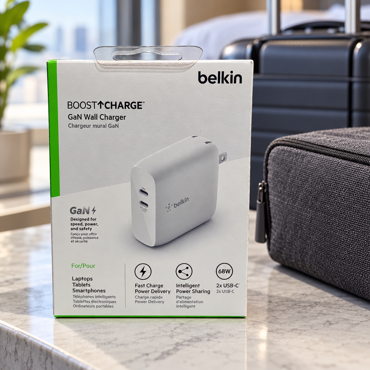 AI-generated boxed white Belkin WCH003 68W dual USB-C GaN charger in a travel-packing setting; scene props excluded