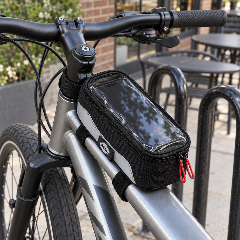 Bell Top Tube Phone Bag mounted on a bicycle at a café stop; lifestyle illustration, phone and bicycle not included