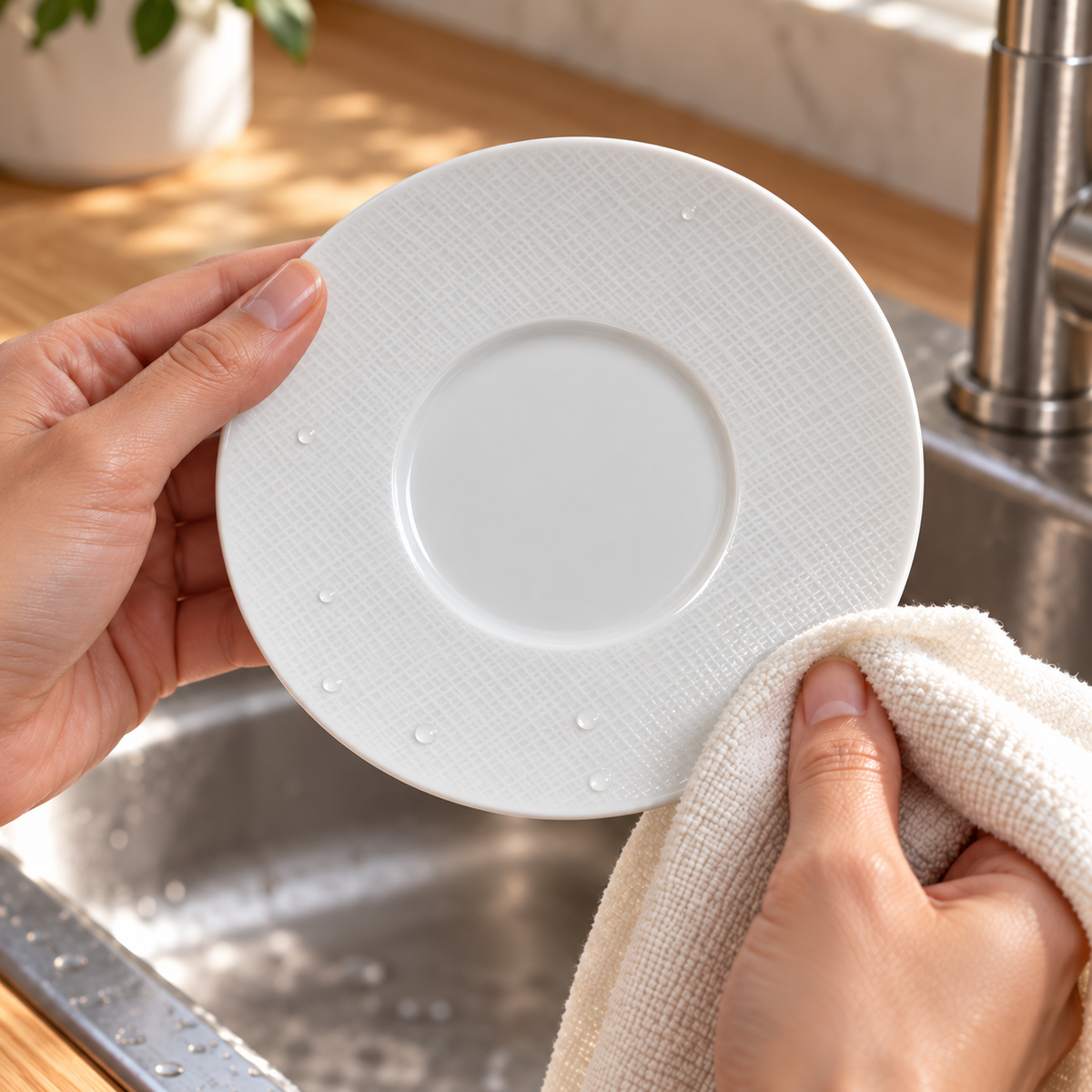 Hands gently drying one Bernardaud Organza 5.7-inch tea saucer with a soft cotton towel.
