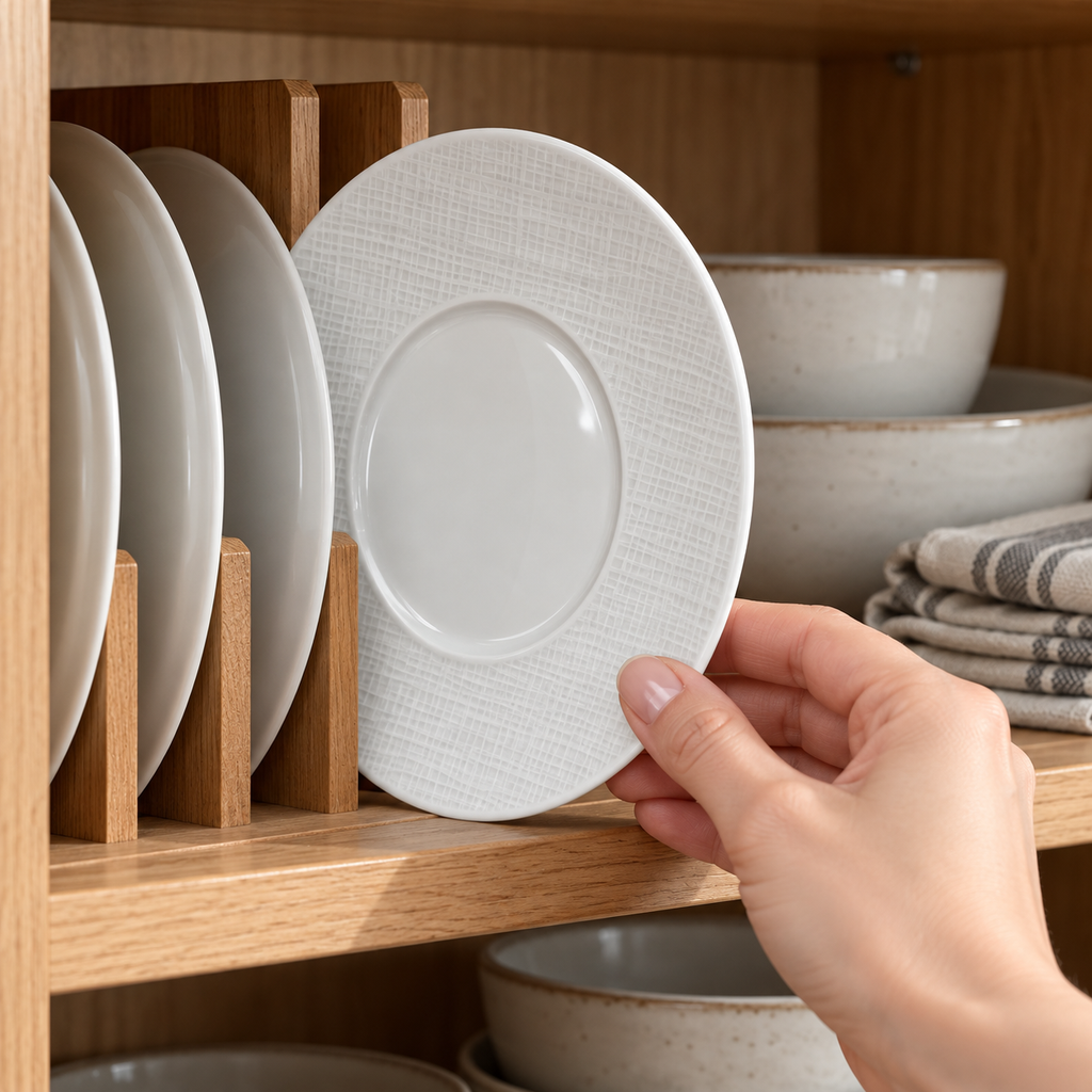 AI-generated illustration of one white Bernardaud Organza breakfast saucer during cupboard storage; other tableware and scene props excluded