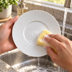 AI-generated illustration of one white Bernardaud Organza breakfast saucer during gentle washing; other tableware and scene props excluded