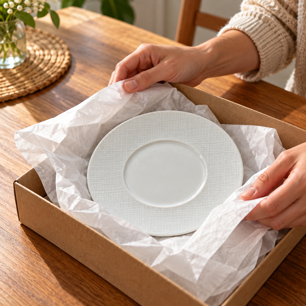 AI-generated illustration of one white Bernardaud Organza breakfast saucer during tissue storage; other tableware and scene props excluded