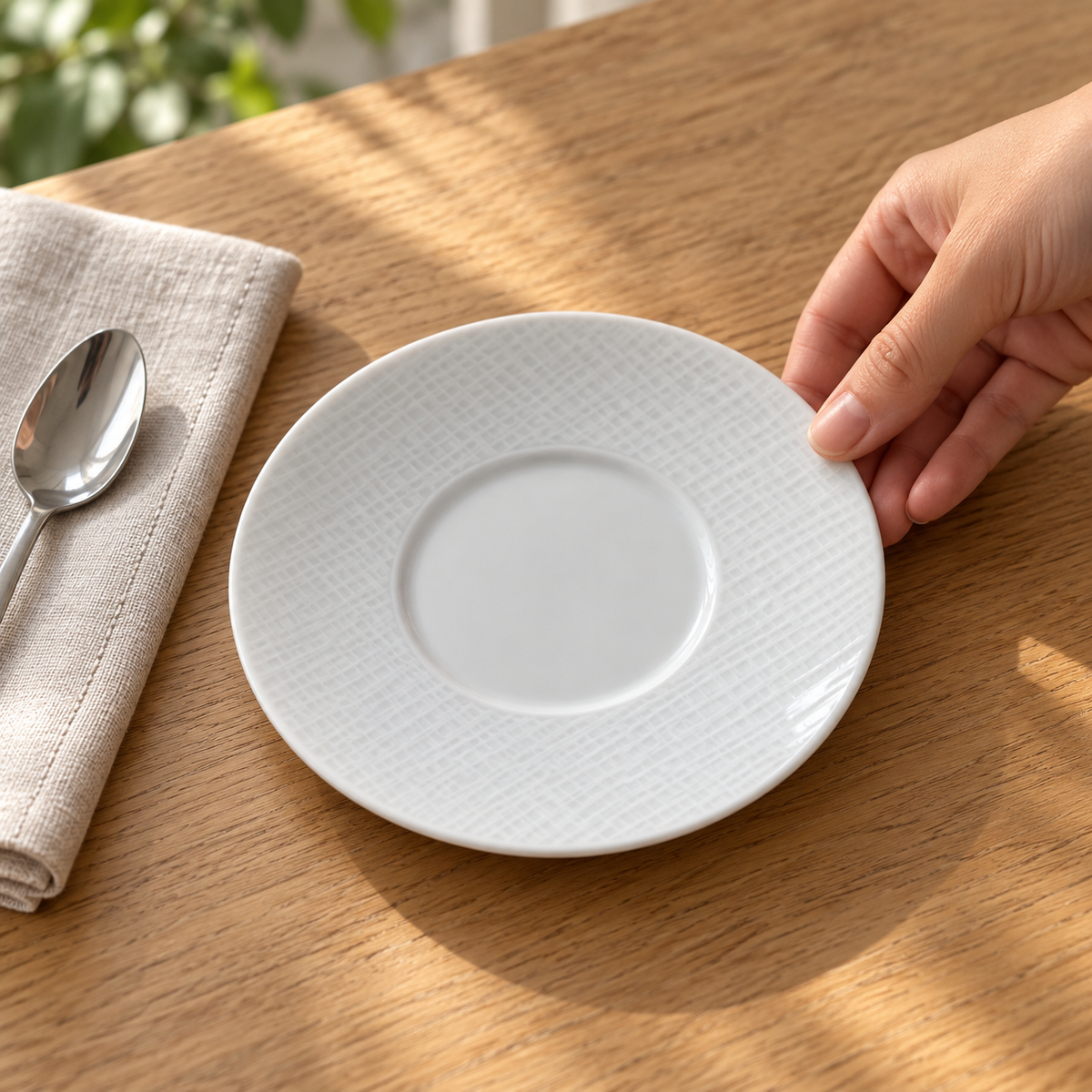 A hand sets one Bernardaud Organza 5.7-inch tea saucer beside a linen napkin and teaspoon; saucer only.