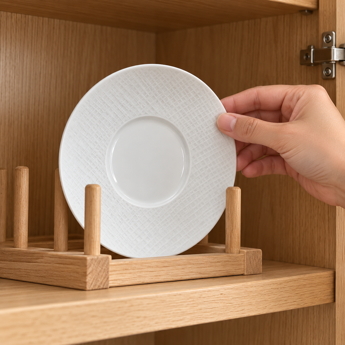 One Bernardaud Organza 5.7-inch tea saucer placed upright in a wooden cupboard rack; saucer only.