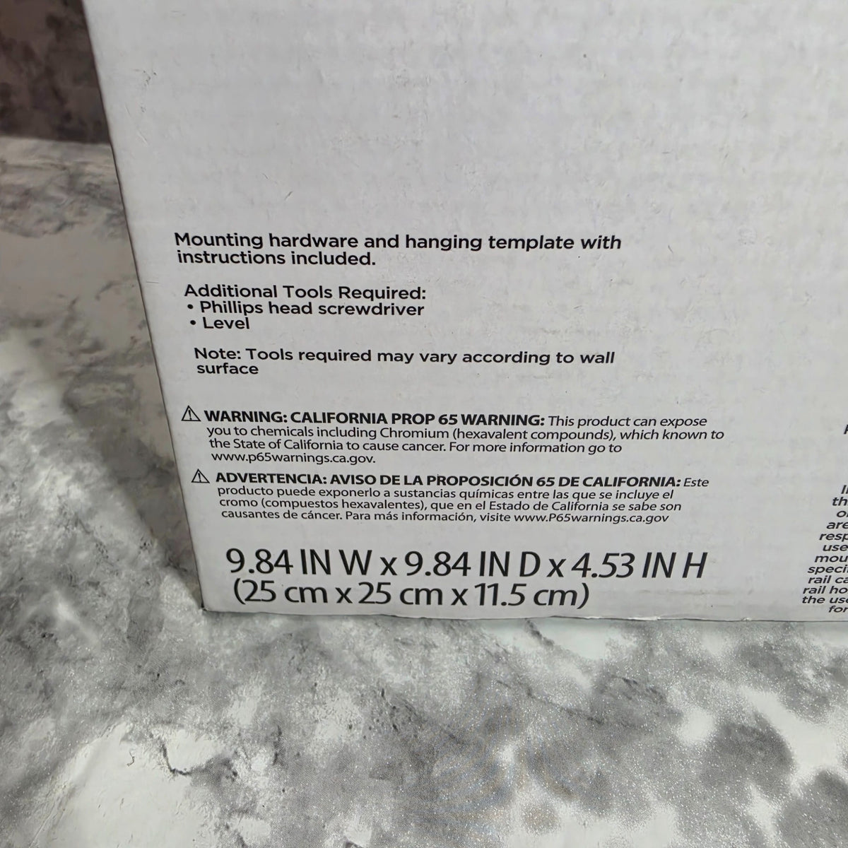 Original packaging mounting requirements, dimensions and California Proposition 65 warning