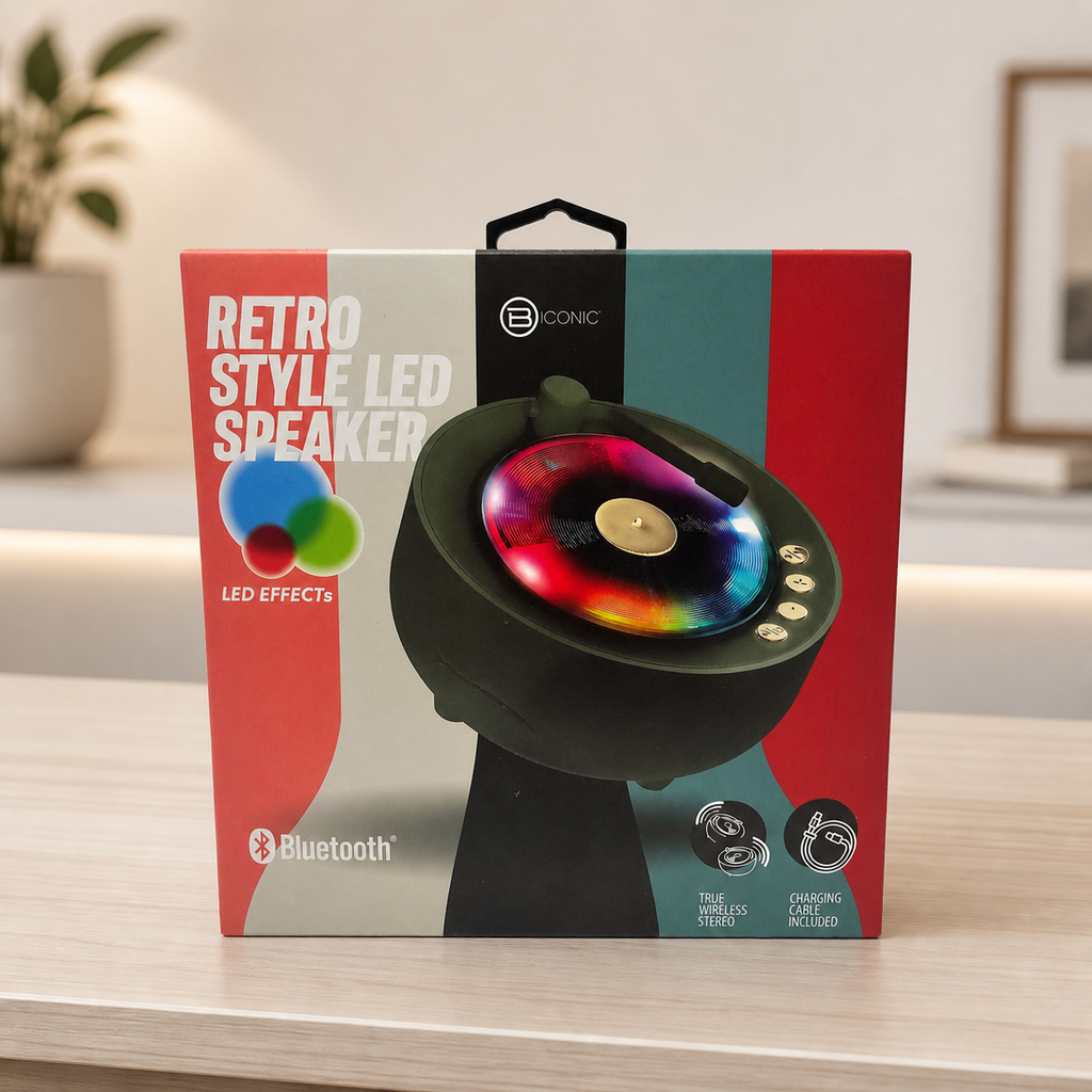BIconic retro LED Bluetooth speaker retail box styled product image