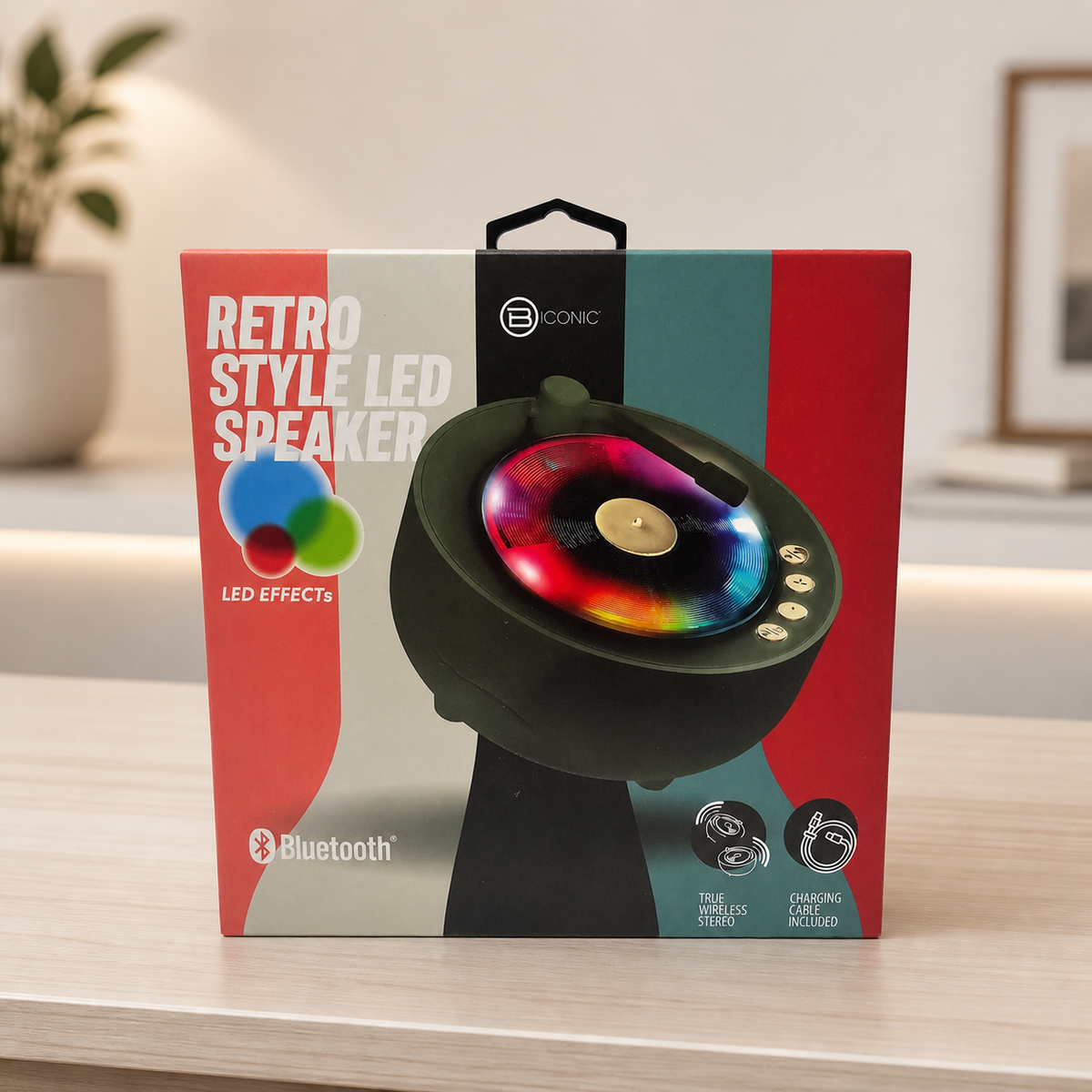 BIconic retro LED Bluetooth speaker retail box styled product image